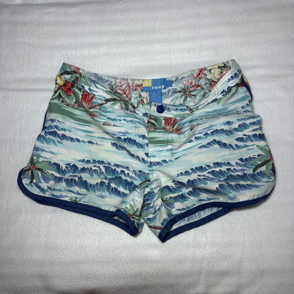 Roxy Y2K Low Rise Surf Shorts Tropical Wave Print Blue Size 1